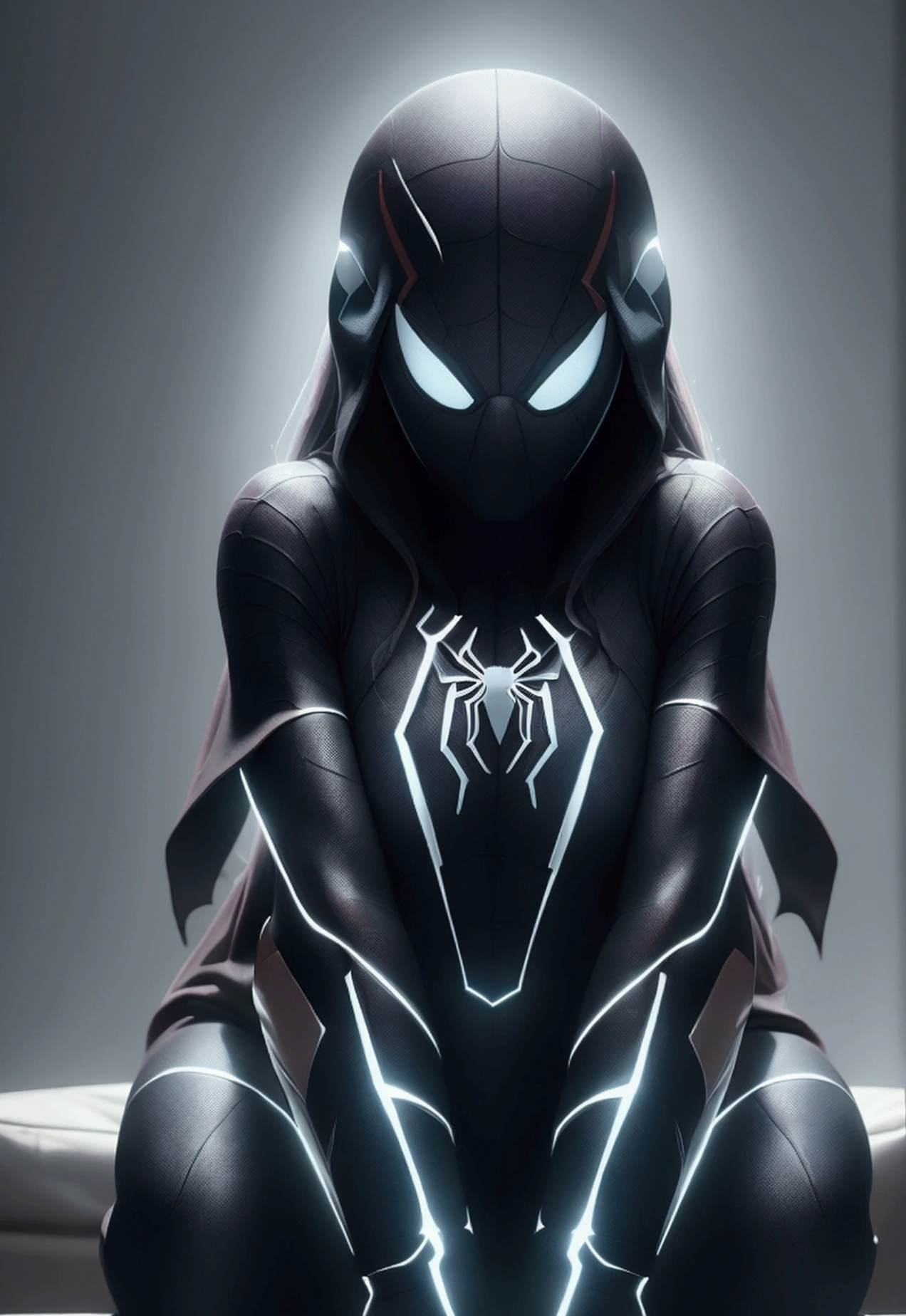 (Extreme Detail CG Unity 8K wallpaper, masterpiece, highest quality), (exquisite lighting and shadow, highly dramatic picture, cinematic lens effect), a girl in a white Spider-Man costume, silver-gray hair color, from the Spider-Man parallel universe, Wenger, Marvel, Spider-Man, sitting on the couch, dynamic pose), (excellent detail, outstanding lighting, wide angle), (excellent rendering, enough to stand out in its class), focus on white Spider-Man costumes, complex spider textures, Perfect composition