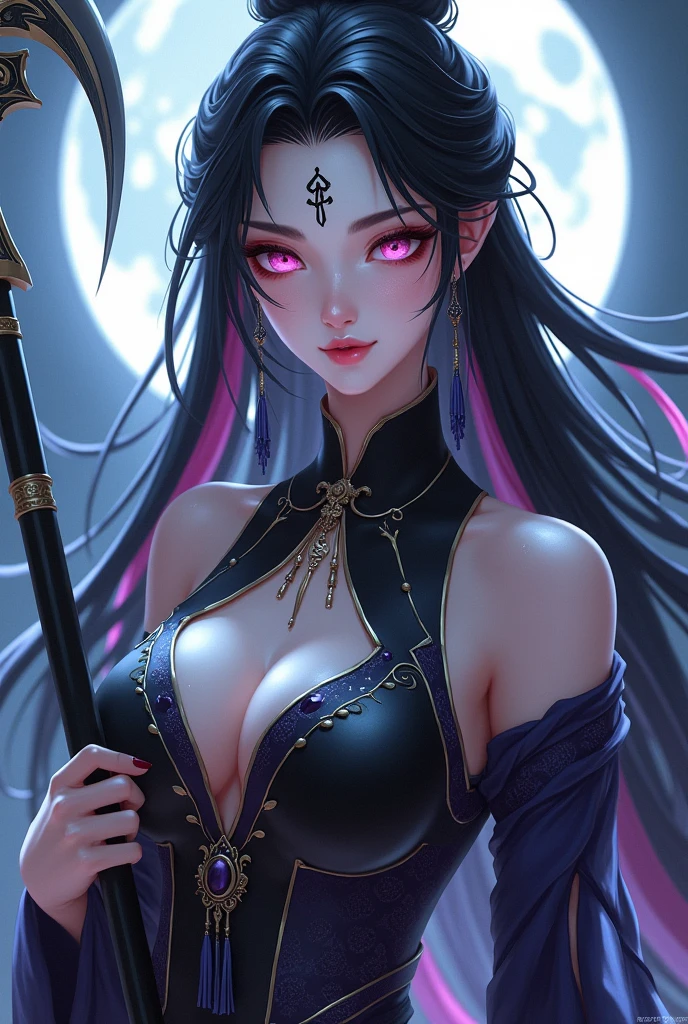 Most beautiful  xianxia female protagonist,black long  hair with pink strand , pink and black hair,and pink eyes,cold face  like arctic pole ice, f cup breast,sexy charm look,use majestic garmen with black and purple fillamen,silver pattern garment ,purple shirt tassel ,held mystical scythe,scythe goddess,scythe user,scythe detailed,majestic aura,moon background,ace detailed,lips detailed,thin red lips,golden rune scratch at fore head,forehead detailed,better quality, masterpiece,24K ultra hd,super beautiful detail,goddess featuring 