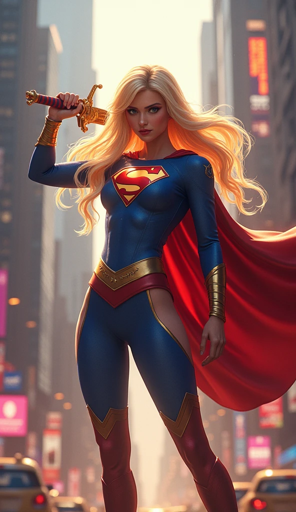 Lumine, Genshin Impact character, wearing a supergirl costume, holding a sword, cityscape of New York City, detailed realistic portrait, photorealistic, hyper detailed, 8K, masterpiece, cinematic lighting, dramatic lighting, heroic pose, dynamic action, vibrant colors, intricate details