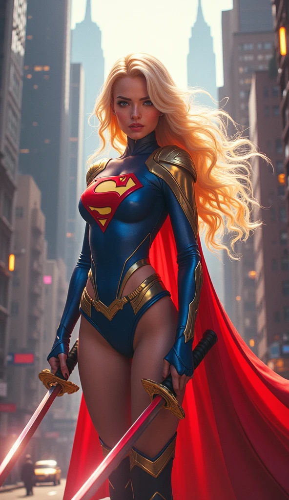 Lumine, Genshin Impact character, wearing a supergirl costume, holding a sword, cityscape of New York City, detailed realistic portrait, photorealistic, hyper detailed, 8K, masterpiece, cinematic lighting, dramatic lighting, heroic pose, dynamic action, vibrant colors, intricate details