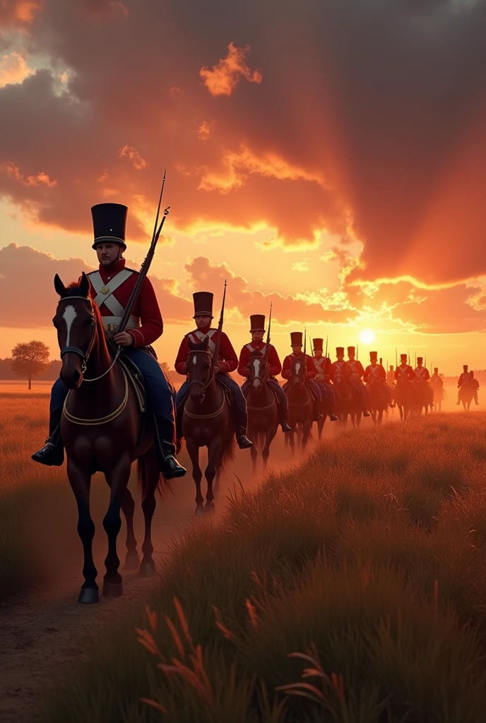 A hyper-realistic, photographic depiction of a melancholic evening during the Napoleonic Wars. A lot of French soldiers in historically accurate red and blue uniforms, complete with detailed shakos, marches through a vast, golden field. Their muskets are slung over their shoulders, and the expressions on their faces are captured with stunning clarity, showing weariness and resolve. Leading the formation is an officer on horseback, his uniform and horse rendered in photographic detail. The setting sun casts a dramatic, orange and red glow across the sky, with realistic clouds and intense lighting effects creating long shadows over the soldiers and field. The sky is ablaze with rich reds, oranges, and purples, partially obscured by thick clouds, and the entire scene is illuminated with soft, natural light. Light mist rises from the ground, and every blade of grass, fold of the uniform, and shadow is rendered with sharp realism. The distant sound of battle is faint in the background, with the overall mood heavy with a sense of loss and quiet endurance. The scene is photographed with high resolution, capturing every detail of the soldiers, their uniforms, the landscape, and the atmosphere with vivid accuracy.