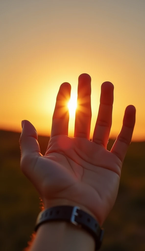 First Person View, Extending one hand towards the sun, spread your fingers wide., Blocking the sun with the palm of my hand, Hands perfectly aligned with the sun, The back of the hand where blood flows, Dazzling sunlight