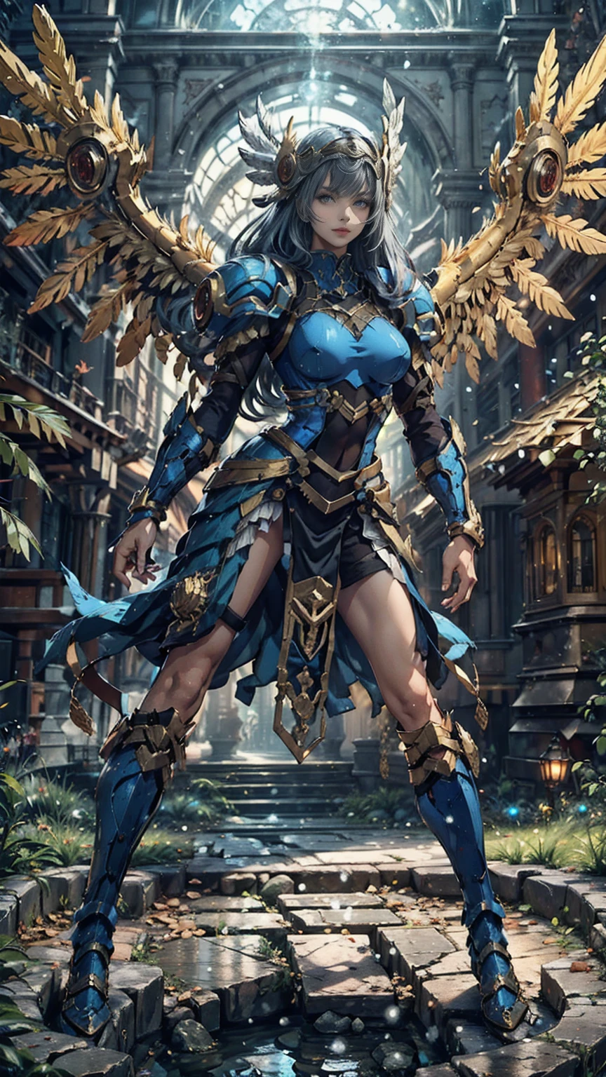 Lenneth from 'Valkyrie profile', BREAK: bright_gold_trimmed_sapphire_blue_plate mech4rmor, (boob window in armor), thigh cutout, long skirt, BREAK: standing, contrapposto stance, light smile, castle ruins, fluffy snow falls, BREAK: intricately detailed eyes, detailed face, detailed hands, cinematic lighting, moody atmosphere, (16k, absurdres, masterpiece, best quality), wings