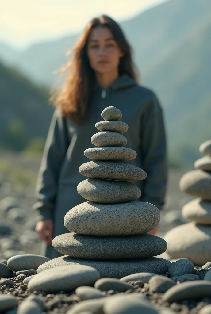 A series of stacked stones balanced precariously but firmly on top of each other, with a determined woman in the background, symbolizing grit and balance.