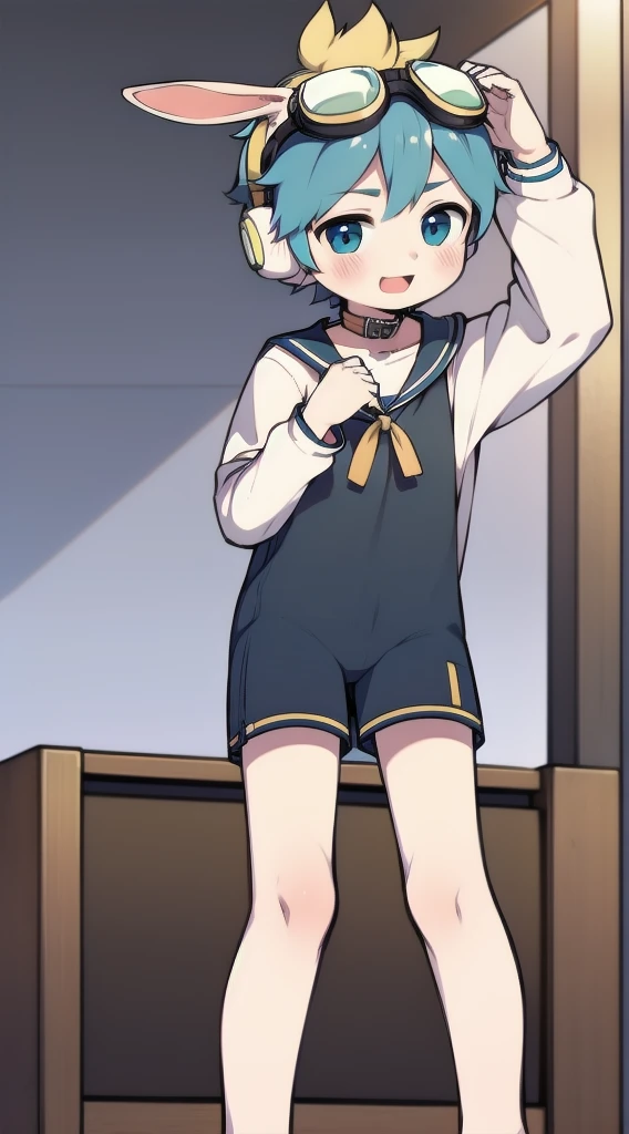 2D Boy Shota,One-piece pajamas,Slim, healthy body,Put the headphones on your head,stand up,goggles,Rabbit ears,Happy,Sailor collar