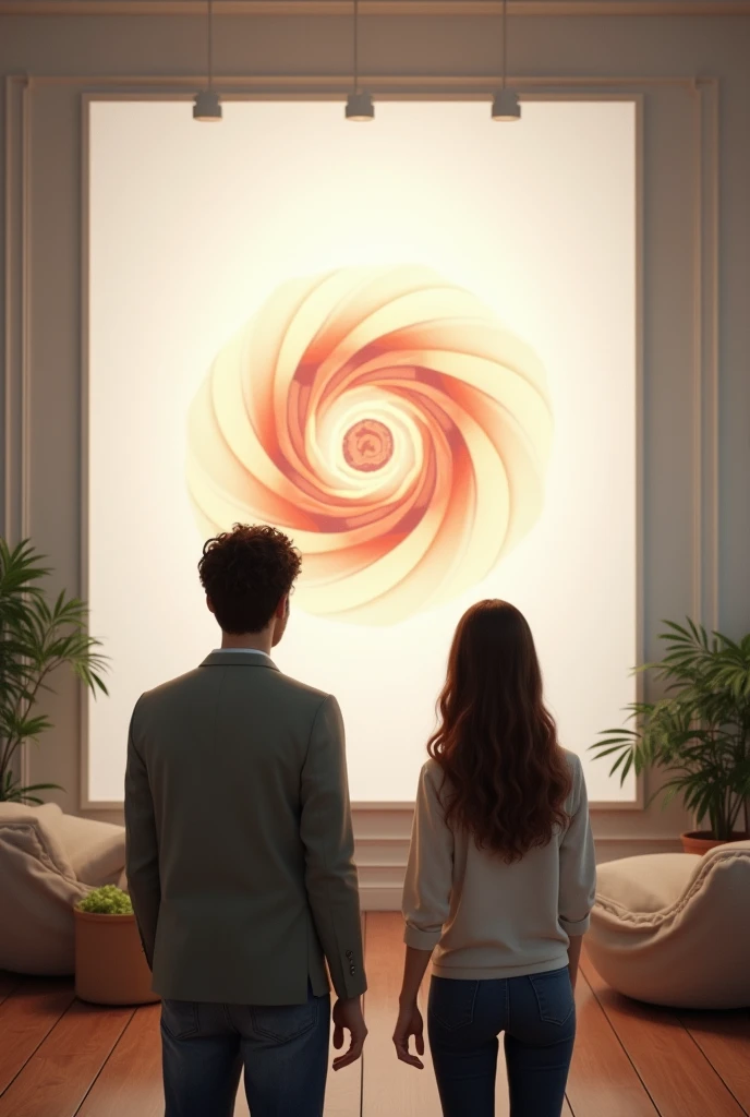 Create a white wall, Around place two adults who look at the wall and are amazed by how beautiful the image looks, make it realistic as if they were in the house