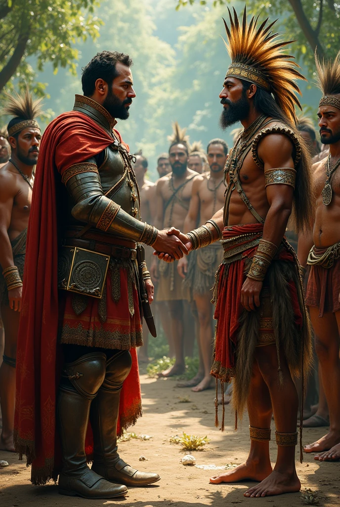 A Spanish conquistador man with his group, The Spanish chief is shaking hands with the indigenous chief of the Indians who is also with his tribe.