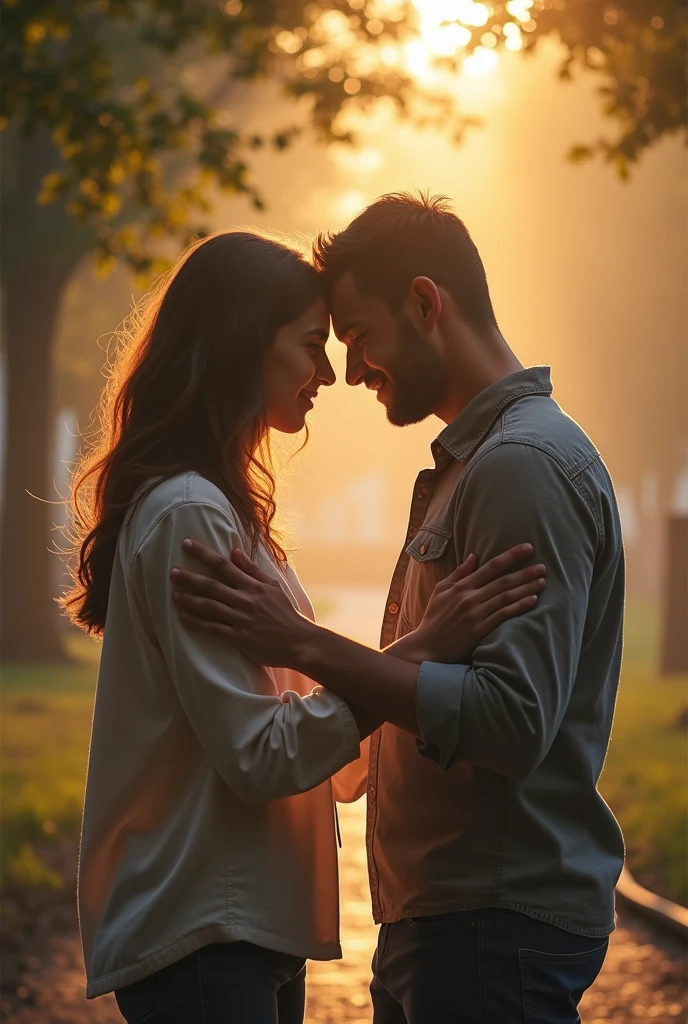 "Create a meaningful image symbolizing forgiveness between people in a scene. The image should feature two individuals engaged in a heartfelt moment of reconciliation. They could be shown in an embrace, shaking hands, or with one person gently touching the other’s shoulder, symbolizing a gesture of forgiveness. The setting should be calm and neutral, such as a park, a quiet room, or a simple outdoor space, with soft, warm lighting to create a serene atmosphere. Include subtle symbols of forgiveness, such as a faint cross or a small Bible in the background. The expressions on the individuals' faces should reflect relief, understanding, and a renewed bond. The overall scene should convey the emotional and spiritual depth of forgiveness, capturing the essence of healing and restored relationships."