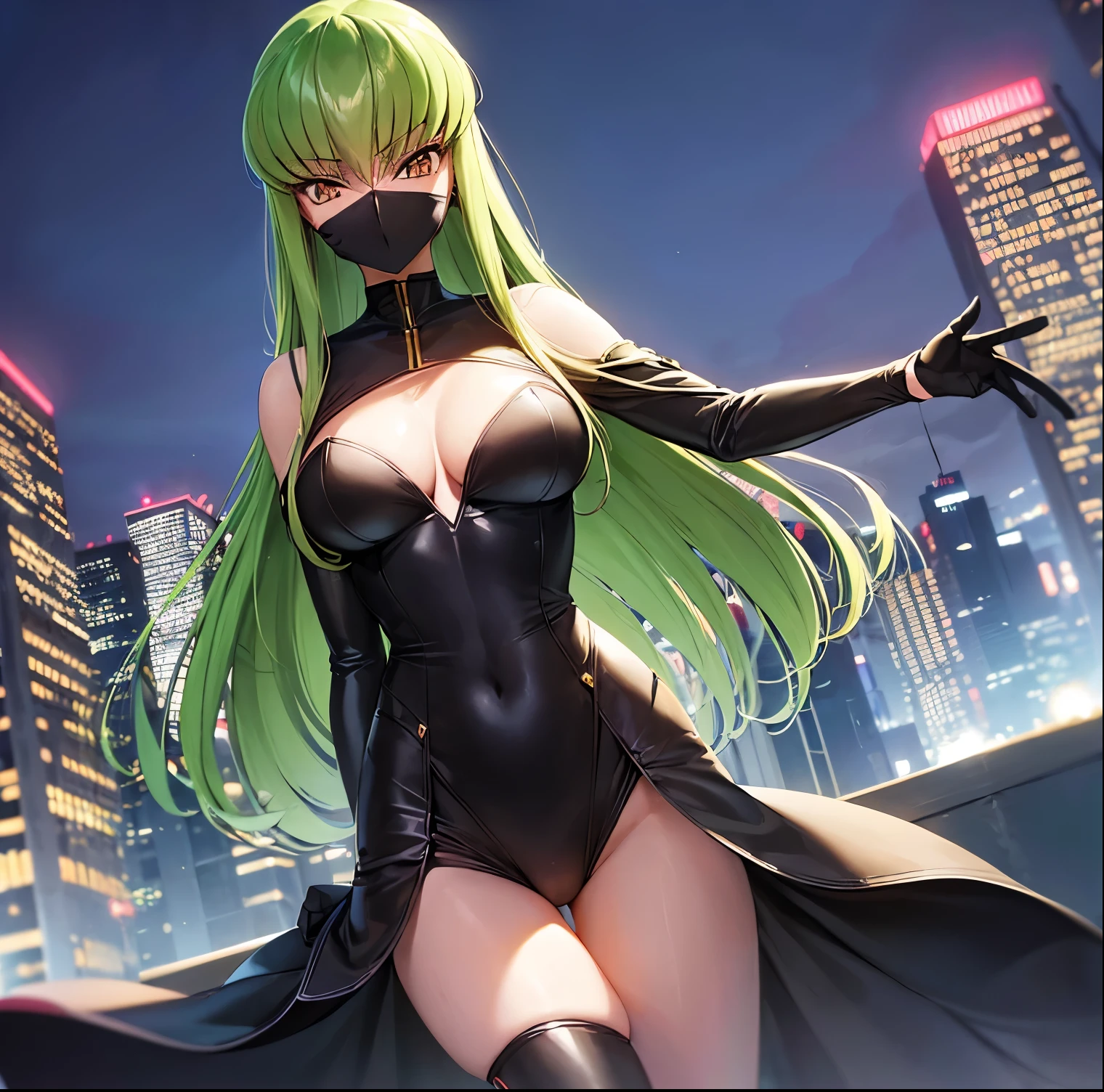 ((1girl)),((alone)),C.C., ( Code Geass),(masterpiece), (best quality), (ultra detailed), (best illustration), (best shadow), (absurdities), sharp focus , cowboy shot, atmospheric perspective, depth of field, dynamic posture, ((looking at viewer)), medium breasts, narrow waist, wide hips, wide thighs, round butt, erotic, romantic, (very detailed eyes, lips 1.1) , very detailed eyes, eyes, Very detailed face, Very beautiful face, Symmetrical face, Aesthetic face, perfect face, perfect eyes, detailed eyelashes: 1.5), full height, beautiful slim figure, femininity, expressive appearance, elastic medium breasts, sexuality ,parted lips,orange eyes, long hair, green hair, (black bodysuit, zero suit: 1.1), cleavage, black and red cape, zero \(code geass\), zero mask, curves, defined body, perfect body and beautiful, perfect and beautiful, mouth closed, expressionless, frowning, blushing,(sexy pose: 1.2), ((solo)), standing: 1.3,((outdoor, cybeppunk landscape,,cityscape, cybeppunk city,lights neon,night,city lights)), Looking forward,((centered on thighs:1.4)), point of view:(from below), perfect anatomy, perfect hands