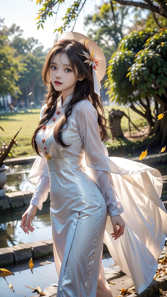 ulzzang-6500-v1.1, (RAW photo: 1.2), (Real photo), (Real photo: 1.4), 1 girl、Perfect anatomy、1、Looking at the camera、Medium length hair、side braid, Vietnamese ao dai, walking under a tree with many fallen leaves, in the sun, ((under a tree with many fallen leaves: 1.1))、(Business service)、Asian eyes Ella,