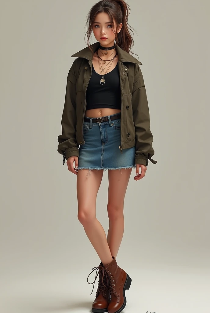 Young woman wearing denim skirt, black rock band blouse and a jacket, with her hair in a ponytail and brown boots 