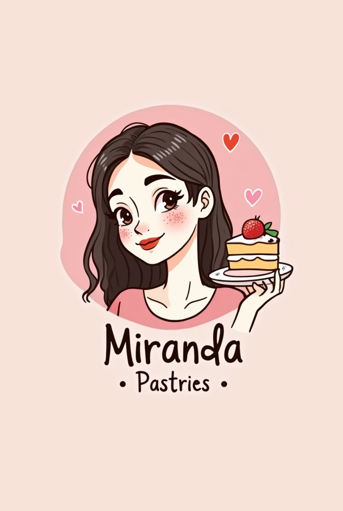 Create a company logo that says Miranda Pastries with a small drawing of a white-skinned woman with dark hair and freckles and who has a cake in her hand on her face and that is related to pastry with pink colors.