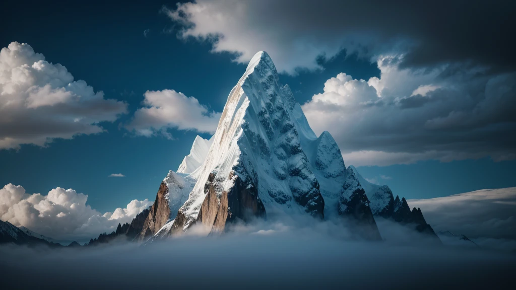 generate the image of mountains with clouds, and an illuminated entity in the background, clear images.