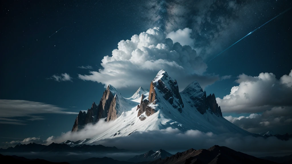 generate the image of mountains with clouds, and an illuminated entity in the background, clear images.