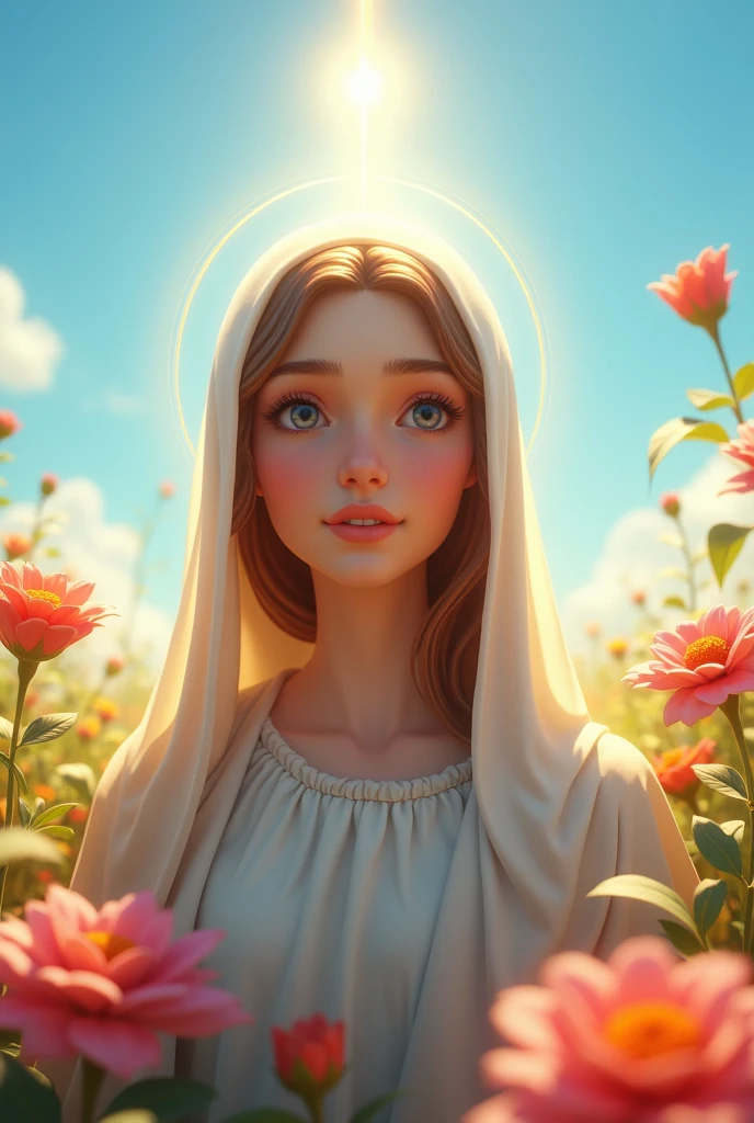 Stunning Mary of Nazareth, Jesus' mother, in a flower field, blue sky and sun illuminating Maria, photo in 8k, divine countenance, disney pixar style