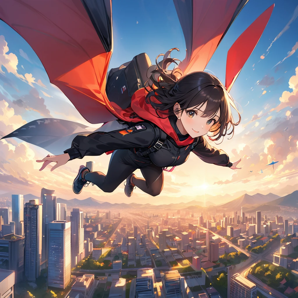 A cute young Japanese woman in black clothes, Flying in a wingsuit、adventure、Challenger、The city spreads out below