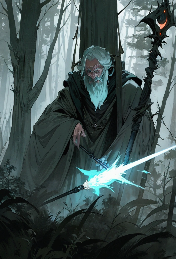 In a mysterious and gloomy forest, an old wizard uses the light from his magic staff to drive away an evil spirit.