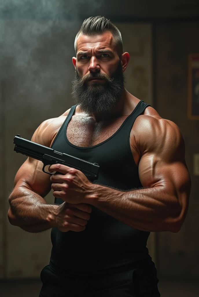 tough man, 40 year old man, ex-soldier, ex-special forces soldier, faded hair, faded haircut, very short hair, beard, dark mustache, thick mustache, short beard, thick beard, muscular, muscles, abs, thick neck, huge man, large man, husky man, handgun, holding handgun, trimmed beard, thick beard, pecs, hirsute, body hair, fuzzy chest, black gym string top, gym string top, ultrarealistic, well-lit, good lighting, soft lighting, 8k