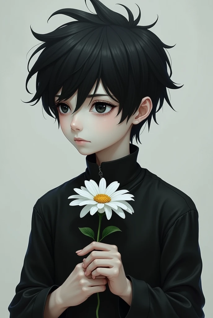White boy with black hair and black eyes, dressed in black holding a white flower
