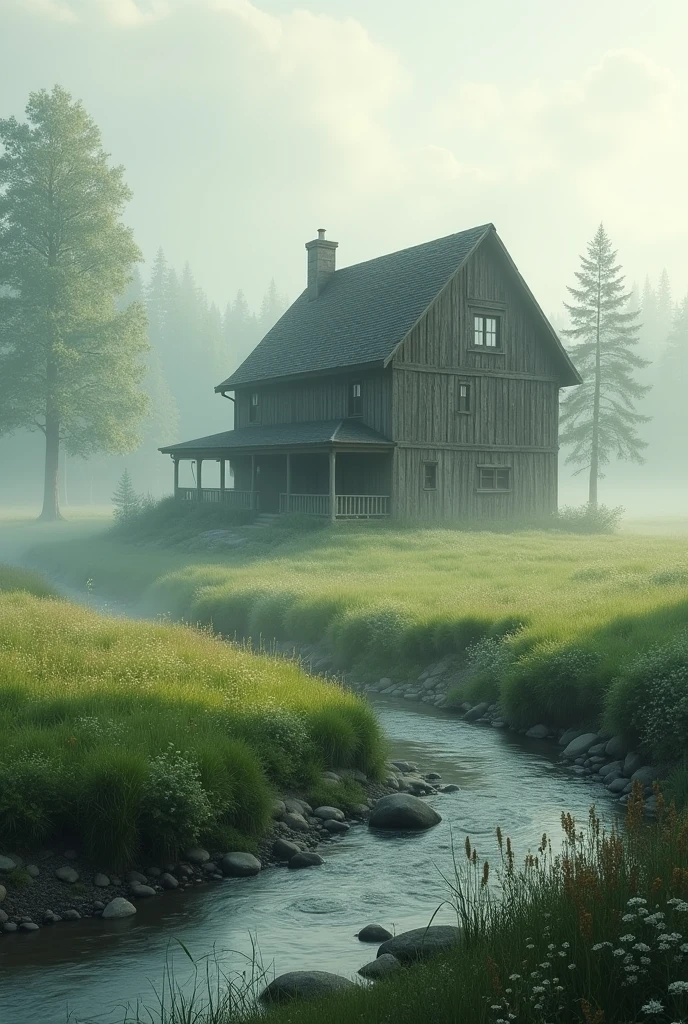 Mist,Large two-storey wooden house,meadow,stream