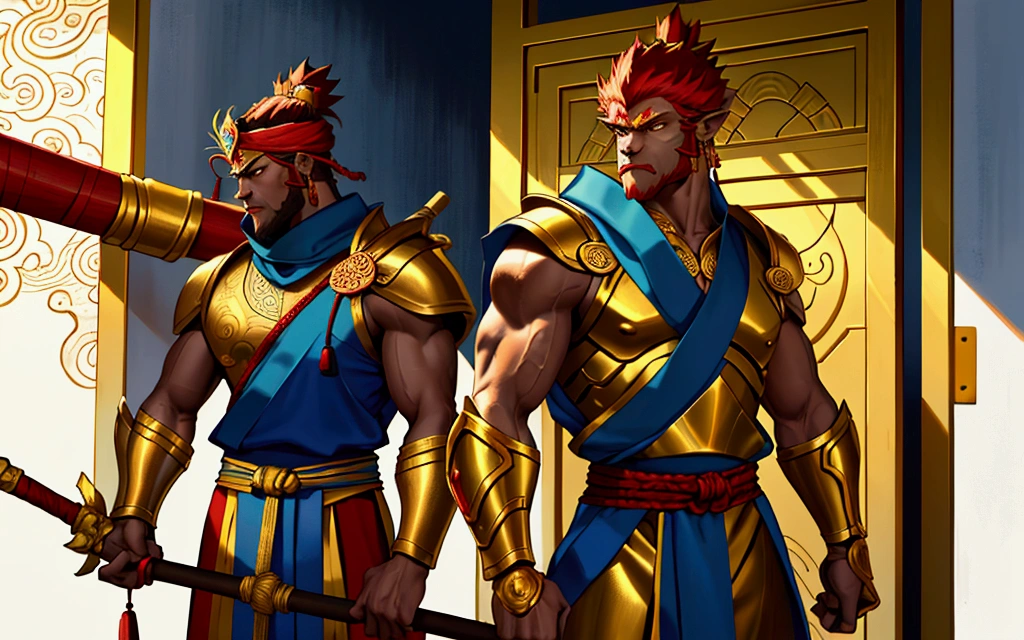 The image is a digital painting of a monkey-like warrior. He is muscular, with golden armor and a blue sash. He has a staff over his shoulder and is holding a weapon in his right hand. The background is a red and gold door. It is likely a depiction of Sun Wukong, the Monkey King, a legendary figure from Chinese mythology, 4k, HD, Ultra HD, Artstation
