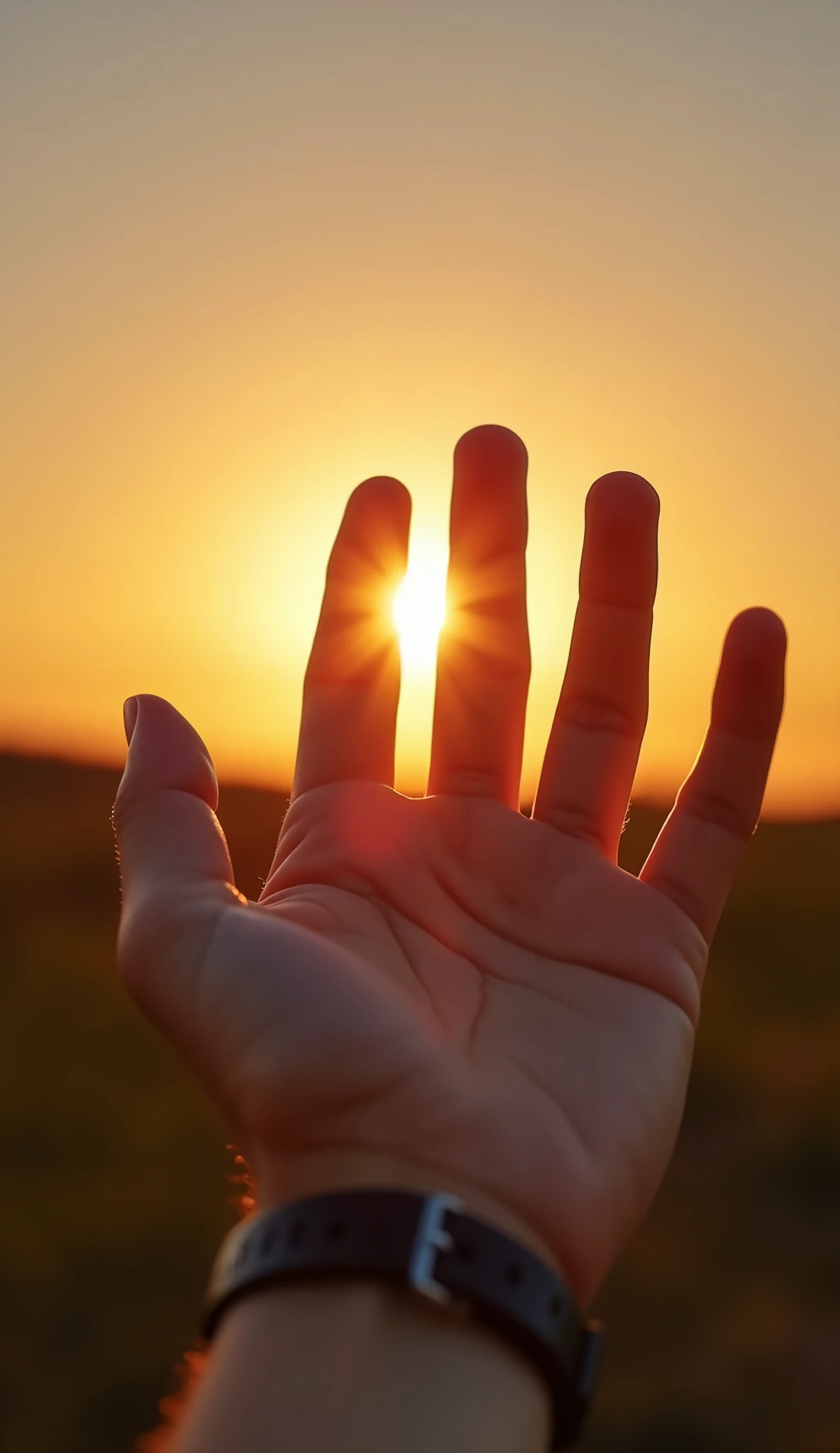 First Person View, Extending one hand towards the sun, spread your fingers wide., Blocking the sun with the palm of my hand, Hands perfectly aligned with the sun, The back of the hand where blood flows, Dazzling sunlight