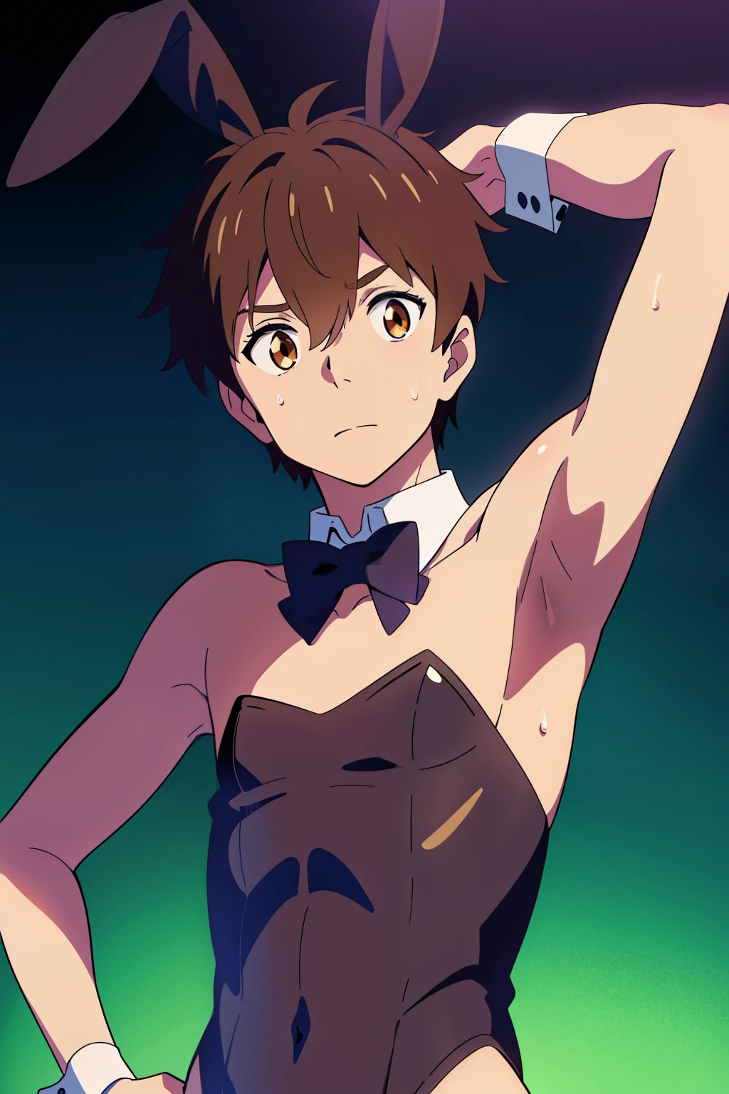 Highres, Masterpiece, Best quality at best,Best Quality,hight quality, hight detailed, Anime style, 1boy, Shota, young boy, shinkai makoto, kimi no na wa, Taki, hair between eyes,brown hair, slim body,  look at viewer,animal ears, playboy bunny, rabbit ears, fake rabbit ears, strapless, strapless leotard, detached collar, bare shoulders, bowtie, bow, wrist cuffs, choker, flat chest, upper body, simple beckground, (Showing armpit:1.3), (very young boy), (very small and short body), simple beckground, cute boy, Uhd, bokeh, sweat