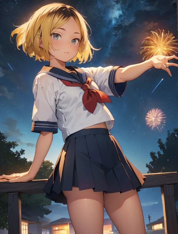 (masterpiece, Highest quality, Highest quality)，32K，Very young girl，very cute，alone,Baby Face，blonde，Black Hair，variegated hair，Very short stature，Very small ass，Very thin thighs，Bruises and gestures，(Short-sleeved sailor uniform:1.3)，mini skirt，exterior，Night Park，Night Sky，firework，firework display，
