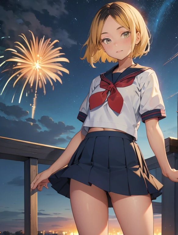 (masterpiece, Highest quality, Highest quality)，32K，Very young girl，very cute，alone,Baby Face，blonde，Black Hair，variegated hair，Very short stature，Very small ass，Very thin thighs，Bruises and gestures，(Short-sleeved sailor uniform:1.3)，mini skirt，exterior，Night Park，Night Sky，firework，firework display，
