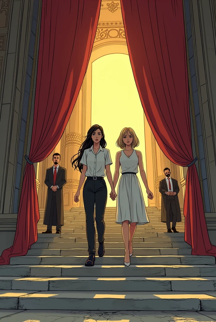 Create a lineart illustration Setting:Arrival of the Initiates: Illustrious Marine and Sarah ascend the stone steps of the Congregation, meeting Christine and Kevin with Nora. Show the solemnity of the setting, with curtains parting and lights coming on, reflecting the ritualistic and important atmosphere. Marine and Sarah may have expressions of nervousness and anticipation.