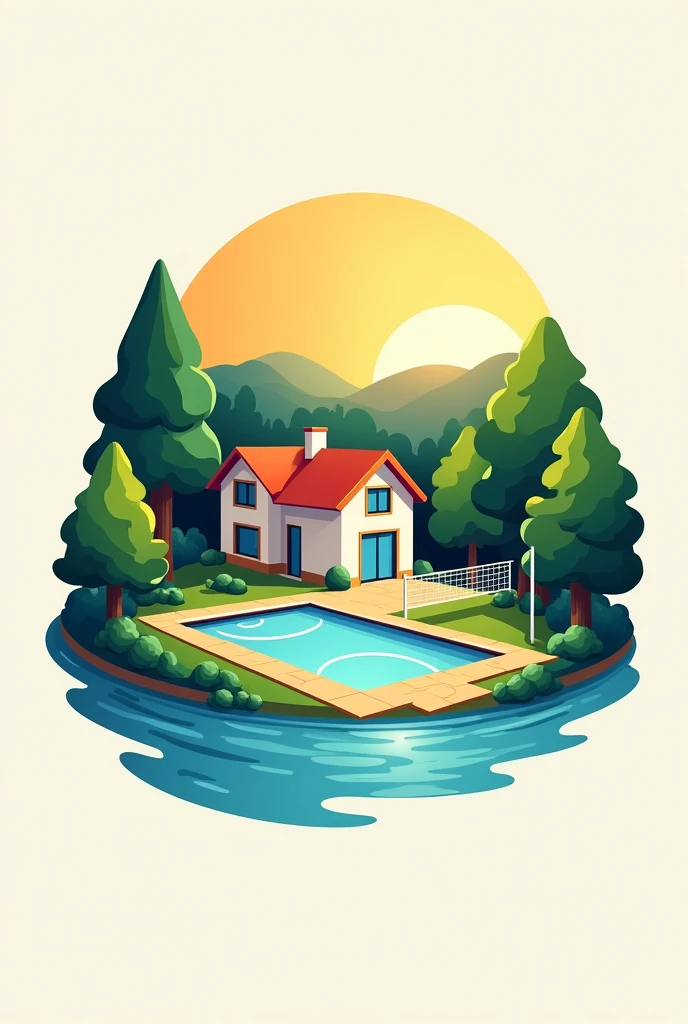 Create a logo for a leisure space company with trees, swimpool, a modern house and volleyball court