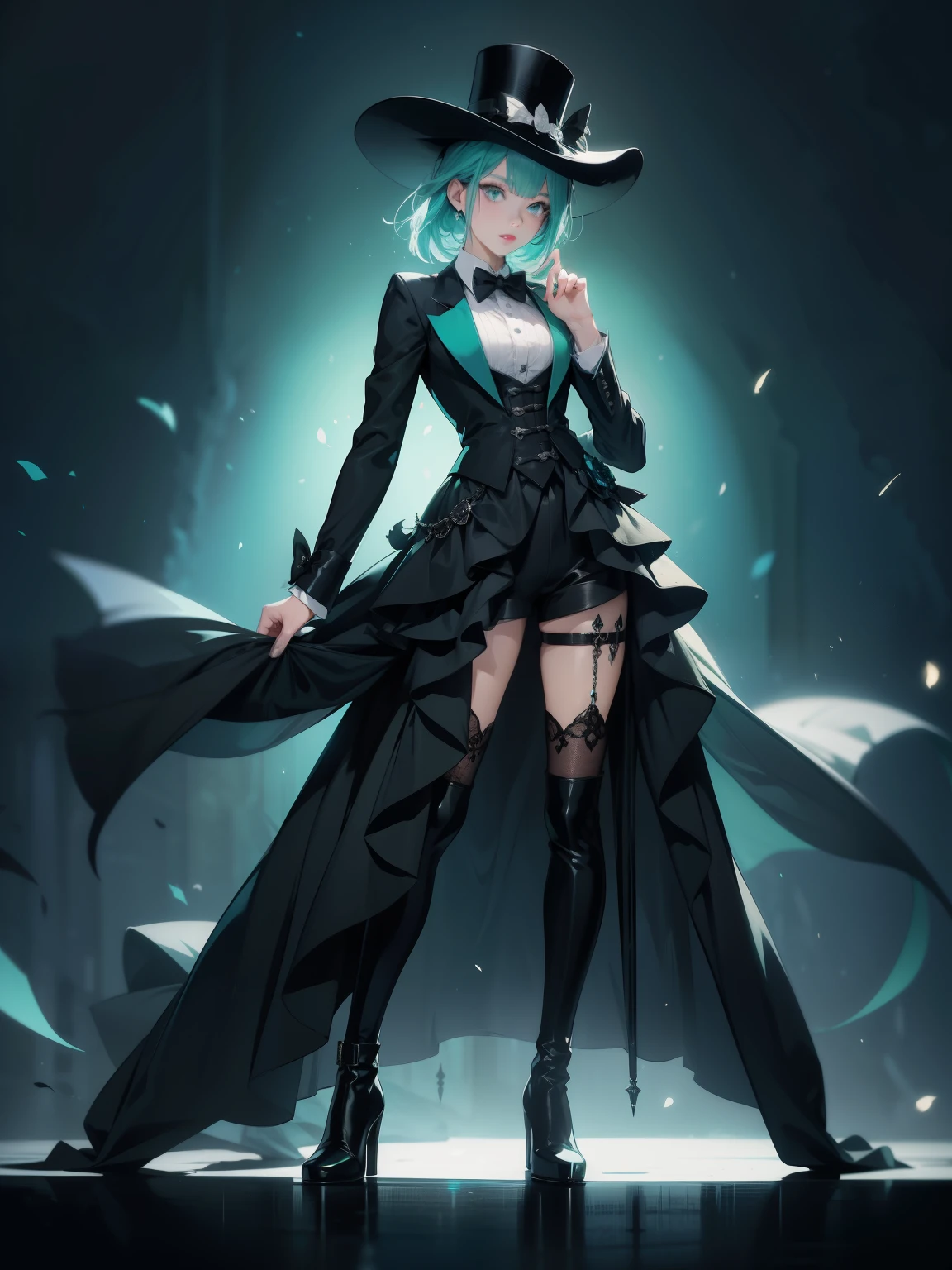 anime female character, shoulder length hair, medium turquoise color hair, bangs, green eyes, vest, boots, full body shot, pose, elegant, bangs, ouji fashion, "Black Butler" inspired outfit., butler outfit, suit, coat, fancy top hat, bowties, anime, Gothic art, anime, Gothic art, masterpiece, anatomically correct, accurate, high details, highres, 4K, 8K, highres, 1080P, super detail, masterpiece, anatomically correct, 