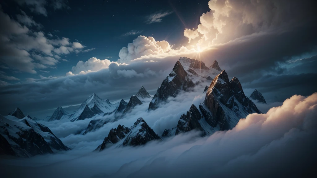 generate the image of mountains with clouds, and an illuminated entity in the background, clear images.