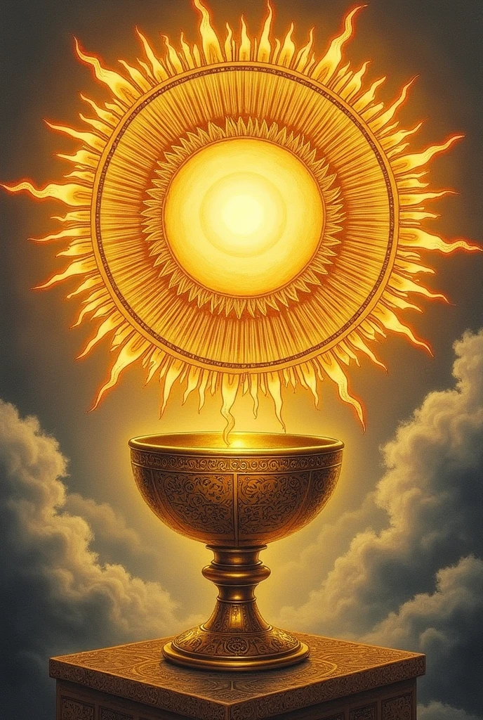 Drawing of the sun in hermetic art style , with golden alchemical cup 