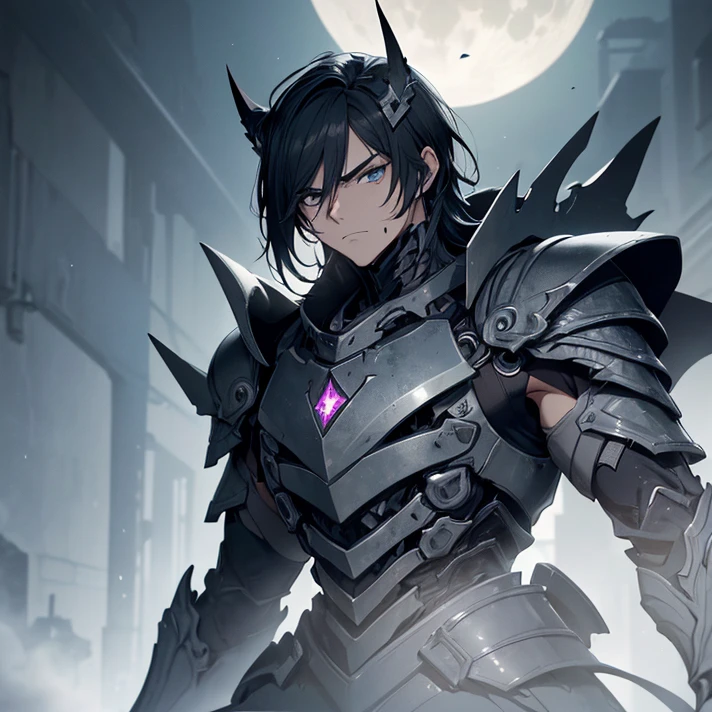 (masterpiece), (best high quality), (High resolution), (masterpiece), (anime style), (grimdark), (HD), (chaos), (simple background), (very detailed character,) ("Silent Hill aesthetic")
{{Male adult grey demonic-knight:(head: he is a 2 black-haired young man, atractive male, has short messed black hair, light-brown skin, blue eyes, broken nose, apathic face, closed sad mouth, black eyebrows),(biomechanic grey armor, grey biomechanic skeleton-like cuirass, biomechanic grey bone shoulder plates, bone arms armor, four knife wrist claws, grey hands, biomechanic grey hips and legs),(passive menacing pose, scary violent demeanor),(sinple marble moon landscape, blue void sky)}}