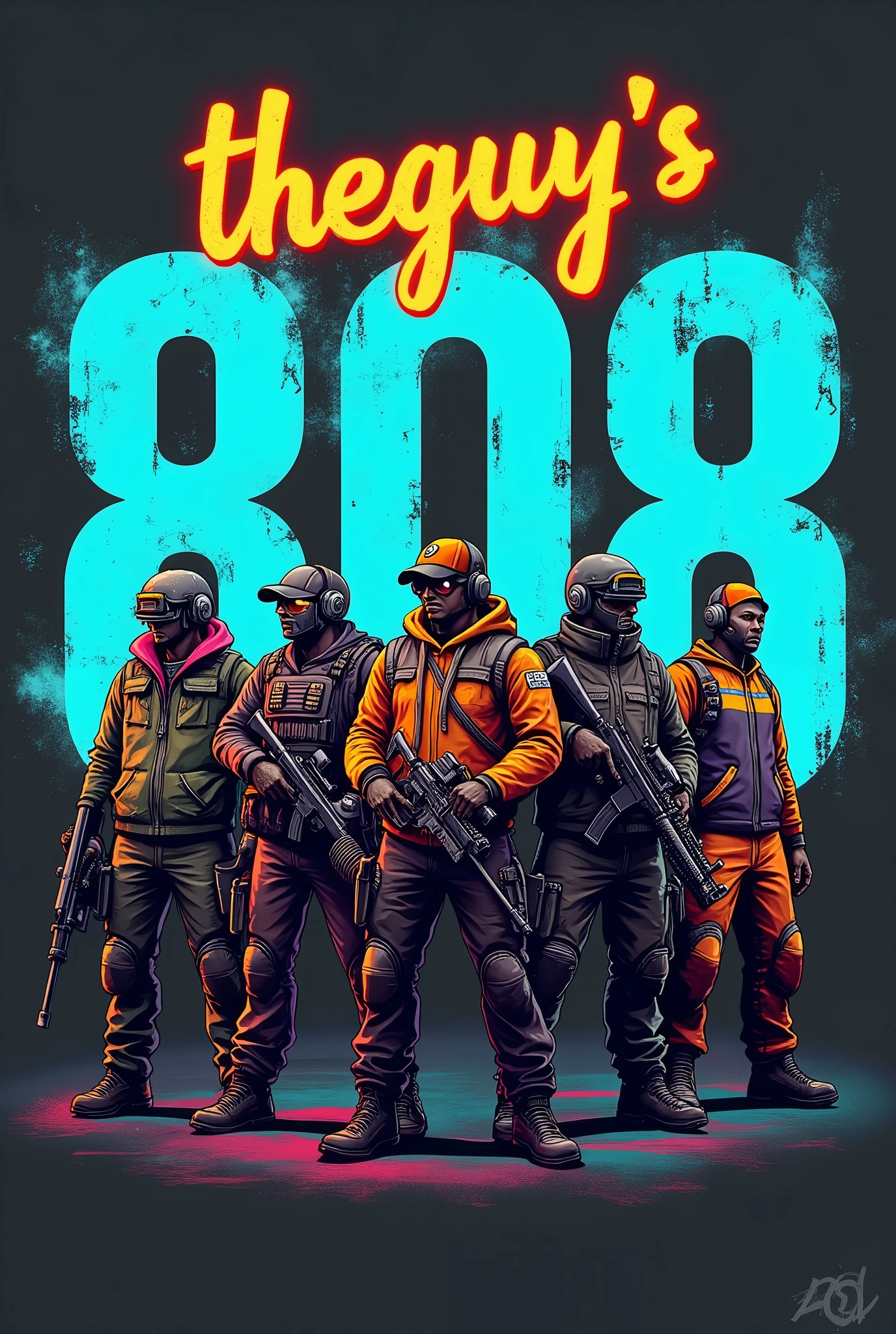 Here's a potential design concept:

*TheGuy's808*

[Image description: A bold, graffiti-style font with the text "TheGuy's808" serving as the backdrop.]

*Free Fire Characters:*

- DJ Alok
- K
- Chrono
- Skyler

[Image description: These characters are leaning against the bold font, with cool poses and expressions.]

*Call of Duty Characters:*

- Soap MacTavish
- Captain Price
- Ghost
- Mason

[Image description: These characters are also leaning against the bold font, with rugged and intense poses.]

*PUBG Characters:*

- The Survivor (default character)
- Sara
- Carlo
- Victor

[Image description: These characters are likewise leaning against the bold font, with strong and determined stances.]

*Color scheme:*

- Main font: Electric blue (#03A9F4)
- Characters: Vibrant shades of orange, green, and purple
- Background: Dark grey or black (#333333)

*Style:*

- Urban, graffiti-inspired
- Dynamic poses and expressions
- Bold lines and vibrant colors

This design combines the characters from Free Fire, Call of Duty, and PUBG, showcasing their unique personalities while emphasizing the bold and edgy vibe of "TheGuy's808".