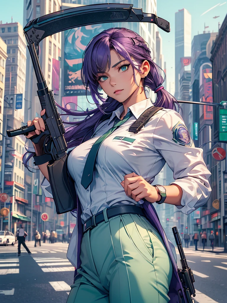 ((masterpiece)), ((best quality)), ((mackerel)), 1 woman, alone, police officer, (Matching pants, slacks), city background, (Take aim with a pistol, Detailed pistol, Glock 22, trigger discipline), standing, medium hair, (purple hair, twin tail), (green eyes),