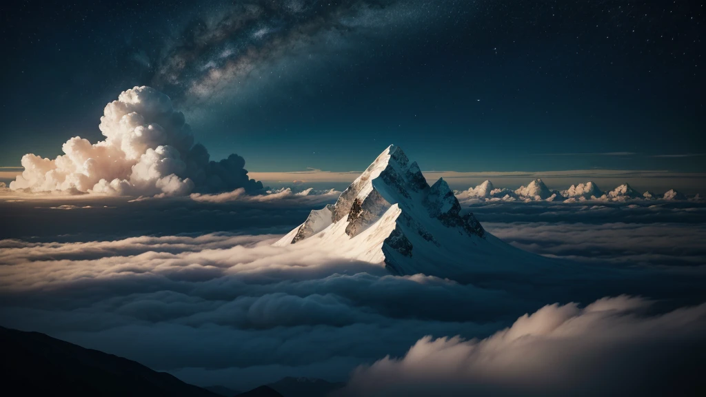 generate the image of mountains with clouds, and an illuminated entity in the background, clear images.