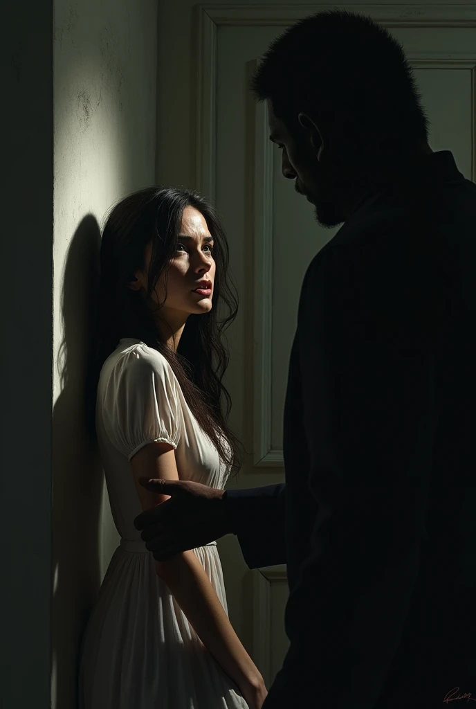 A white woman, with her black hair. Locked in a room and behind a big man who only sees his shadow. 