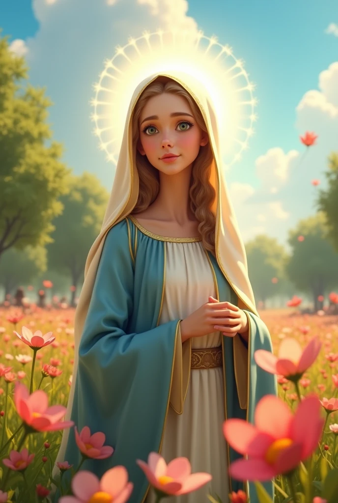 Stunning Mary of Nazareth, Jesus&#39; mother,  In a flowery park, blue sky and sun illuminating Maria, photo in 8k, divine countenance, disney pixar style