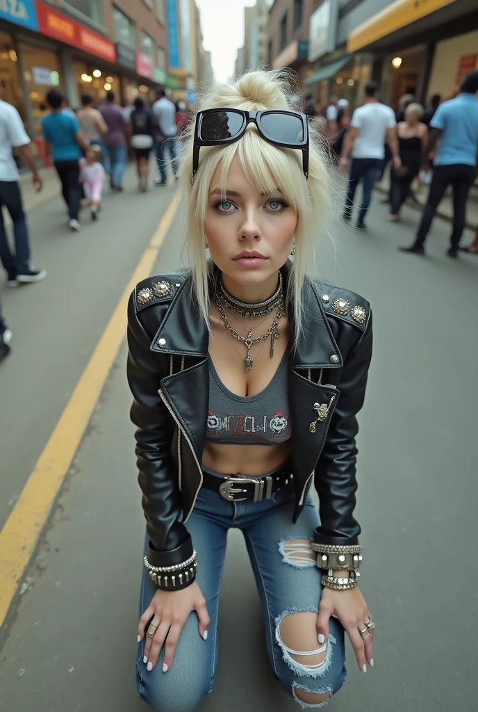 russian old milf woman, blonde platinum hair (top bun and oversized square sunglasses as headband), with very light blue eyes, extremely pale. Wearing studded cropped black moto jacket (skull and moto club patches), dark grey tank top (covering a push up bra):with skull and bones logo and gothic lettering, dark skinny low rise blue jeans with patched holes . Lots of thick wide studded bracelets, chain collars and big rings. Tacky wide studded leather belt with big eagle oval buckle. Long earrings with chains. Kneeling, craving for the ice cream of the photographer. Hands down, showing off bracelets and rings. Looking at the camera, Toned abdominals, thin neck, slim legs and thin arms. Narrow hips. Crowded street of Nairobi