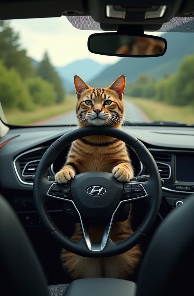 Create a photo of a European tiger cat driving a 2016 Hyundai Veloter vehicle