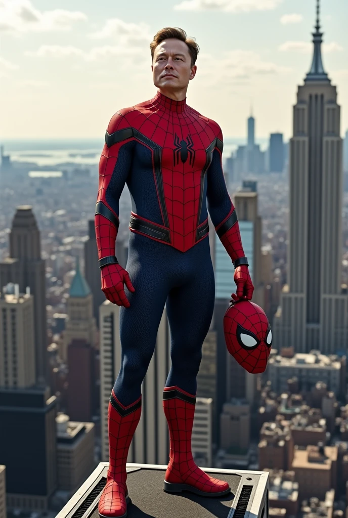 Create a hyper realistic Elon Musk image, wearing spiderman uniform, on top of the tallest building in new york, with the mask in hand.