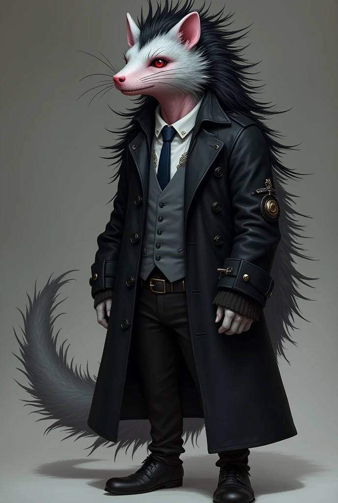 Draw eluca from pretty blood and he is a porcupine and a gothand Eluca is a platinum gray porcupine malino with sangria-red eyes, a pink belly and a large, unkempt mane of black hair (supposedly spines). He's dressed in a trenchcoat, pants, and shoes, all black. Underneath his coat, he wears a gray vest, a white shirt, and a navy blue tie.