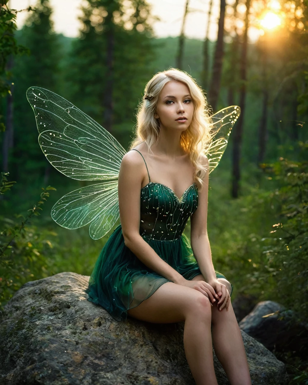 Forest fairy, very beautiful, White skin, blond hair , dark green short dress  , perfect body, transparent wings, sitting on a rock,  forest background at sunset, fireflies around, photographic quality, masterpiece. 