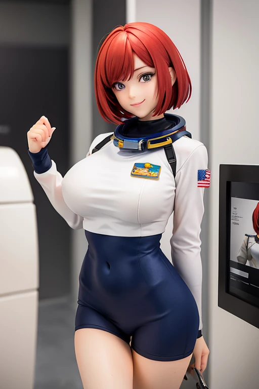 Figure, Astronaut, sexy pose, big breasts, big ass, bob haircut, smile, redhead
