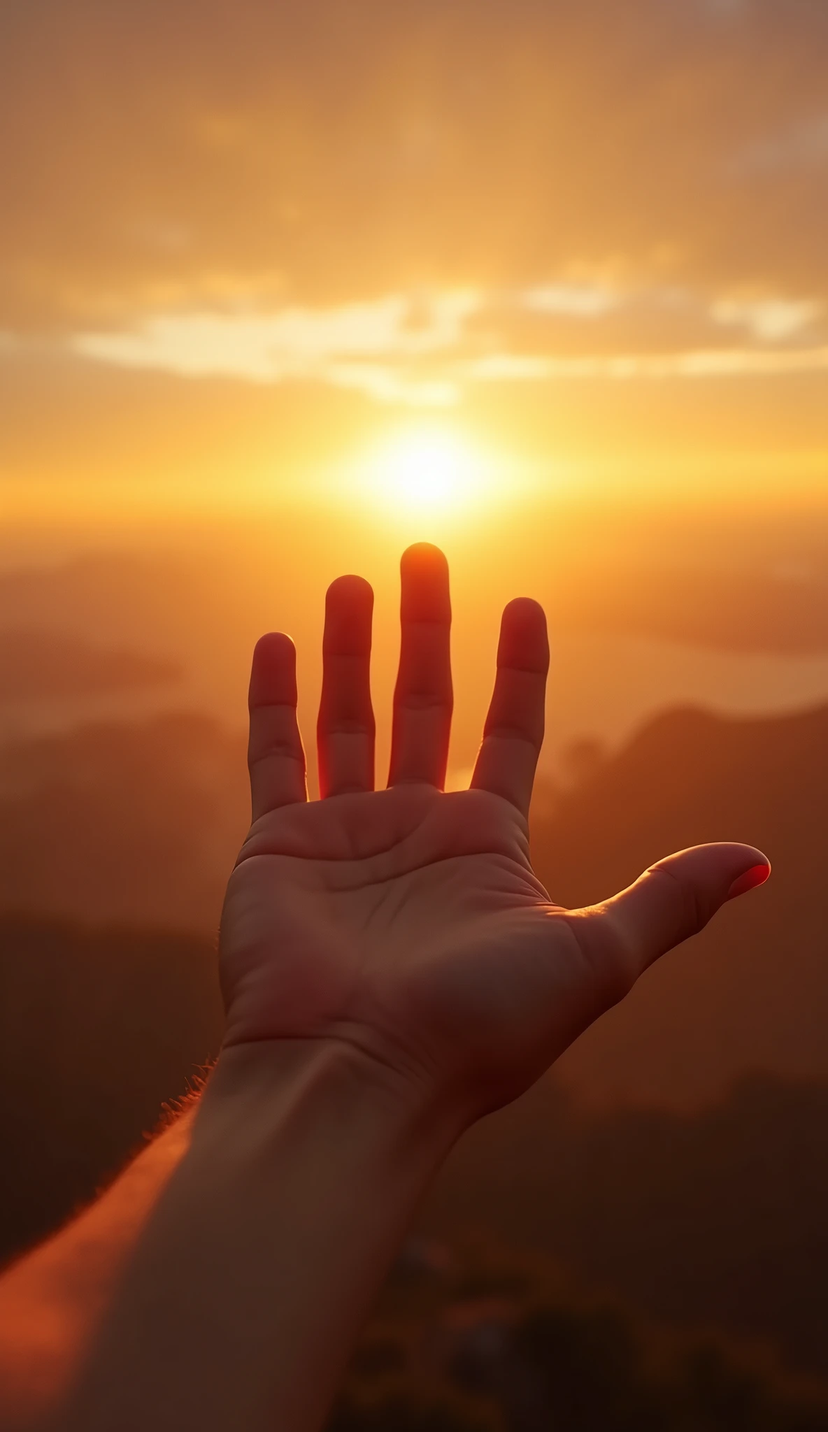 First Person View, Extending one hand towards the sun, spread your fingers wide., Blocking the sun with the palm of my hand, Hands perfectly aligned with the sun, The back of the hand where blood flows, Dazzling sunlight