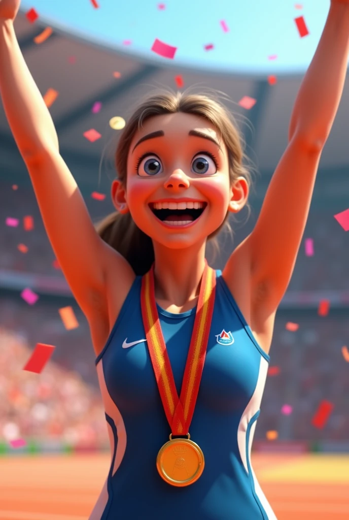 A 3D Disney Pixar-style animation image showing a netball player joyfully wearing a gold medal around their neck. The athlete should be celebrating with a big smile, arms raised in victory, and confetti falling around. The background should be bright and colorful, capturing the excitement and triumph of winning.