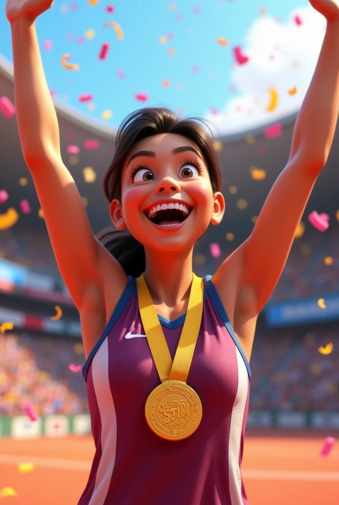 A 3D Disney Pixar-style animation image showing a netball player joyfully wearing a gold medal around their neck. The athlete should be celebrating with a big smile, arms raised in victory, and confetti falling around. The background should be bright and colorful, capturing the excitement and triumph of winning.
