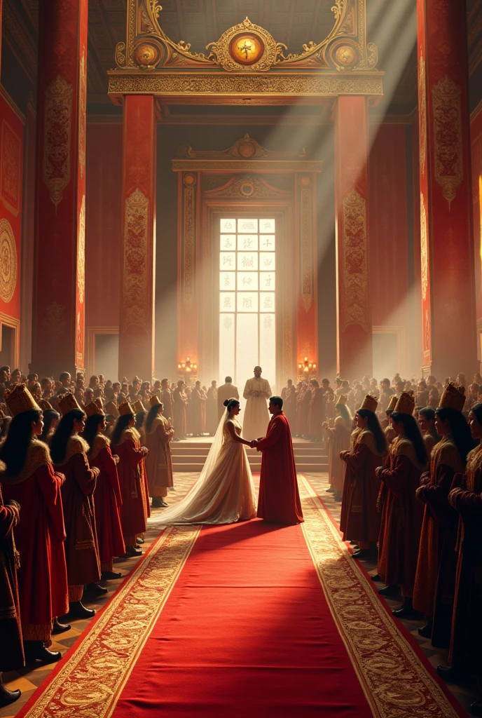 Scene Setup: The scene is set in a magnificent palace hall, richly decorated with traditional Mongol and foreign elements, symbolizing the union of two powerful realms. The grand hall features high, ornate ceilings adorned with intricate patterns, while large silk banners, embroidered with Mongolian symbols and foreign emblems, hang from the walls. A long, luxurious red carpet stretches from the entrance to a grand altar, where the marriage ceremony is taking place.
Camera Movement: The scene begins with a sweeping aerial shot that captures the entire hall, emphasizing the scale and grandeur of the ceremony. The camera then slowly descends and zooms in on the altar, where Genghis Khan’s daughter stands beside the foreign king. The camera pans across the crowd of nobles and dignitaries from both empires, all dressed in their finest attire, with expressions of solemnity and respect.
Character Details: Genghis Khan’s daughter is dressed in an exquisite traditional Mongol bridal gown, adorned with intricate gold embroidery, fur accents, and a jewel-encrusted headdress. Her attire is a blend of Mongolian and foreign styles, symbolizing the union of the two cultures. The foreign king is clad in his own traditional royal attire, richly decorated with symbols of his kingdom. Both are standing under a beautifully decorated canopy, holding hands as they exchange vows.
Lighting and Mood: The lighting is warm and golden, with soft sunlight filtering through the grand windows, creating a serene and majestic atmosphere. The altar is bathed in a soft spotlight, drawing the viewer’s attention to the couple. The mood is one of reverence and celebration, with a sense of historical significance underscoring the union.
Sound Design: A traditional Mongolian orchestra plays softly in the background, blending with the music of the foreign kingdom, creating a harmonious fusion of sounds. The soft murmur of the crowd and the rustling of fine fabrics add to the immersive experience. As t